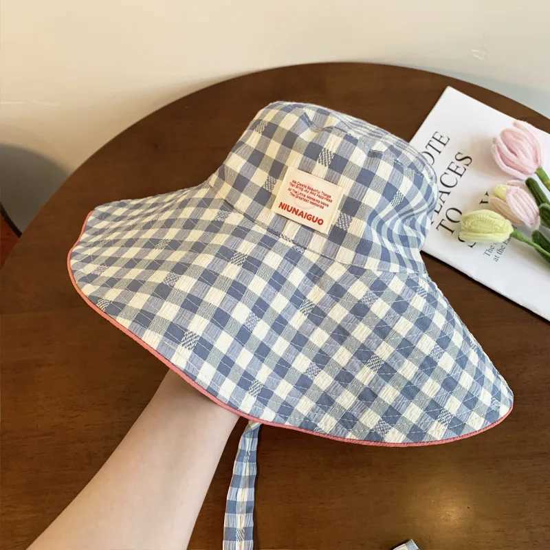 Plaid Wide Edge Strap Bucket Hat Womens Large Brim Showing Face Small Versatile Sun Hats Sun Protection Hat Basin Hat Y250707