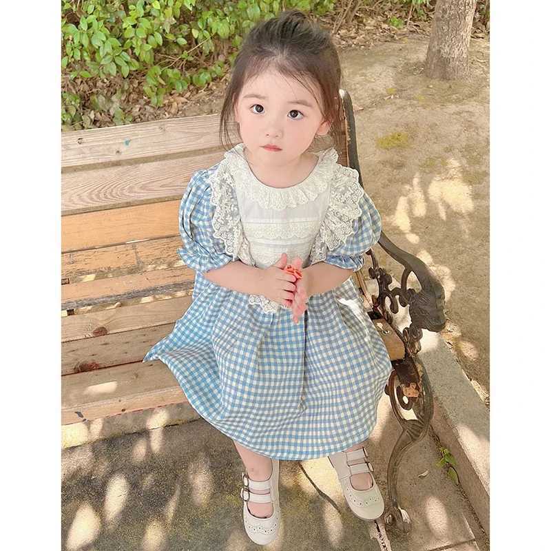 Baby Girls Dress Lace Collar Summer Kids Clothes Dress Grid Dress New Kids Baby Girls Sweet Cute Princess Children Clothes Dress R250707