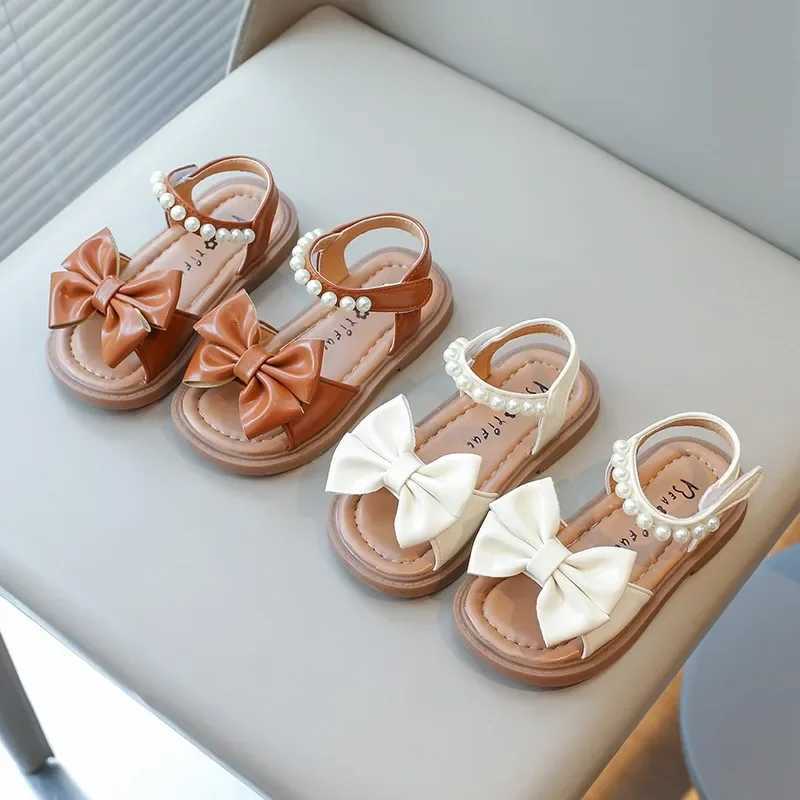 Toddler Girls Leather Sandals Princess Soft with Pearls Bowtie Sweet Children Holiday Sandals Chic Open Toes Kids Summer Shoes z250708MNXW