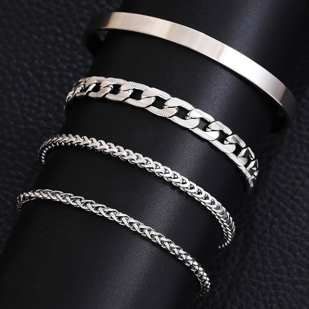 4pc Silver Color Bracelet for Men Women Vintage Goth Cuban MultiLayer Chain Hypoallergenic Trendy Temperament Jewelry Gift Party 250707