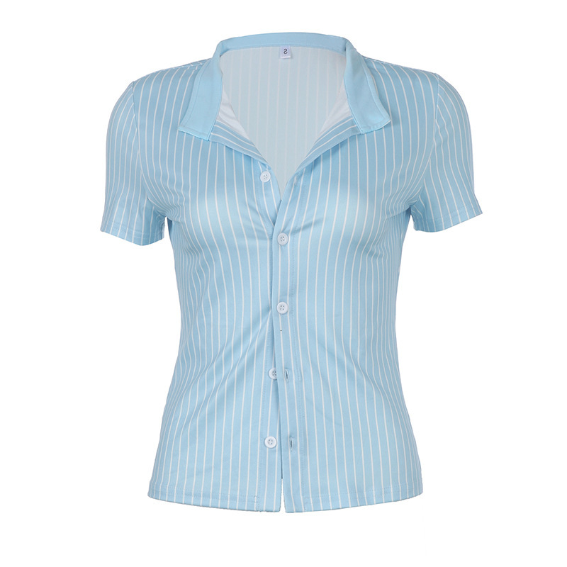 2025 Summer new women's T-shirt blue and white striped lapel button short sleeved T-shirt sexy slim fit cardigan new designer T-shirt