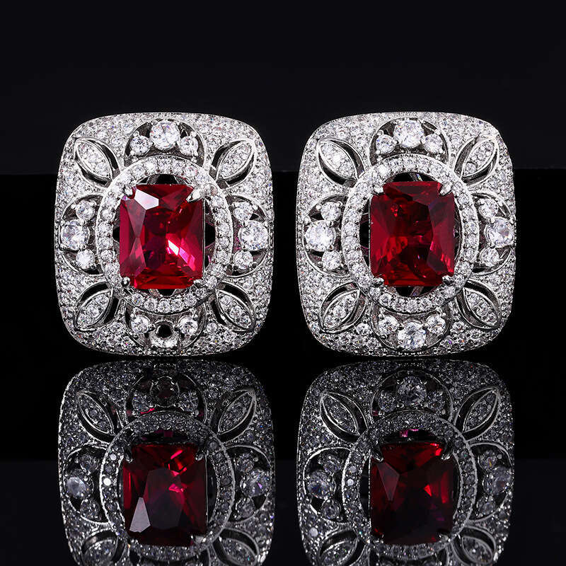 Exquisite Hollow Zircon Earrings Gemstone Set Red Corundum Pendant Square Dia Ring For Women High-End Feel 647