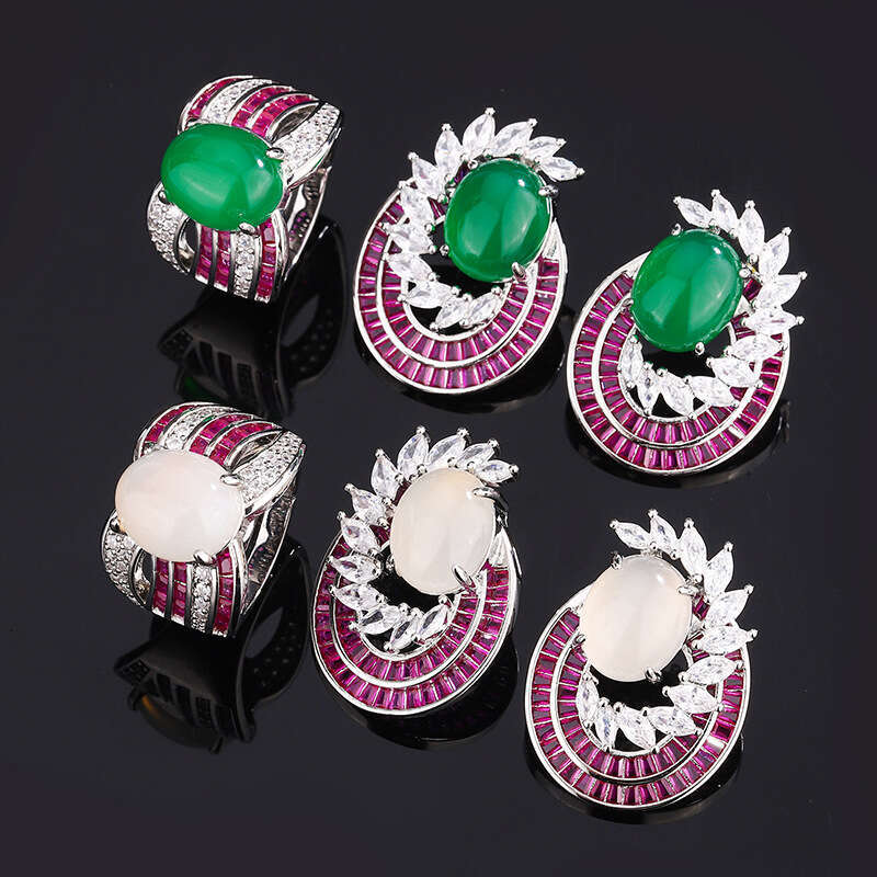 Huayoumei Jewelry Set Pure Sier Needle Imitation Chalcedony Two-Piece Ring Earrings For Women 09D