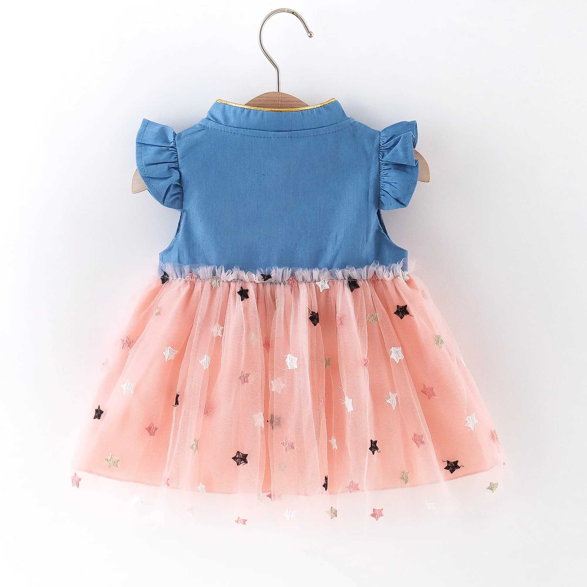Summer New Girls Dress Small Flying Sleeve Bow Cowboy Work Pompous Past Polka Dot Color Sweet Princess (Girls 0-3 Years Old) R250707