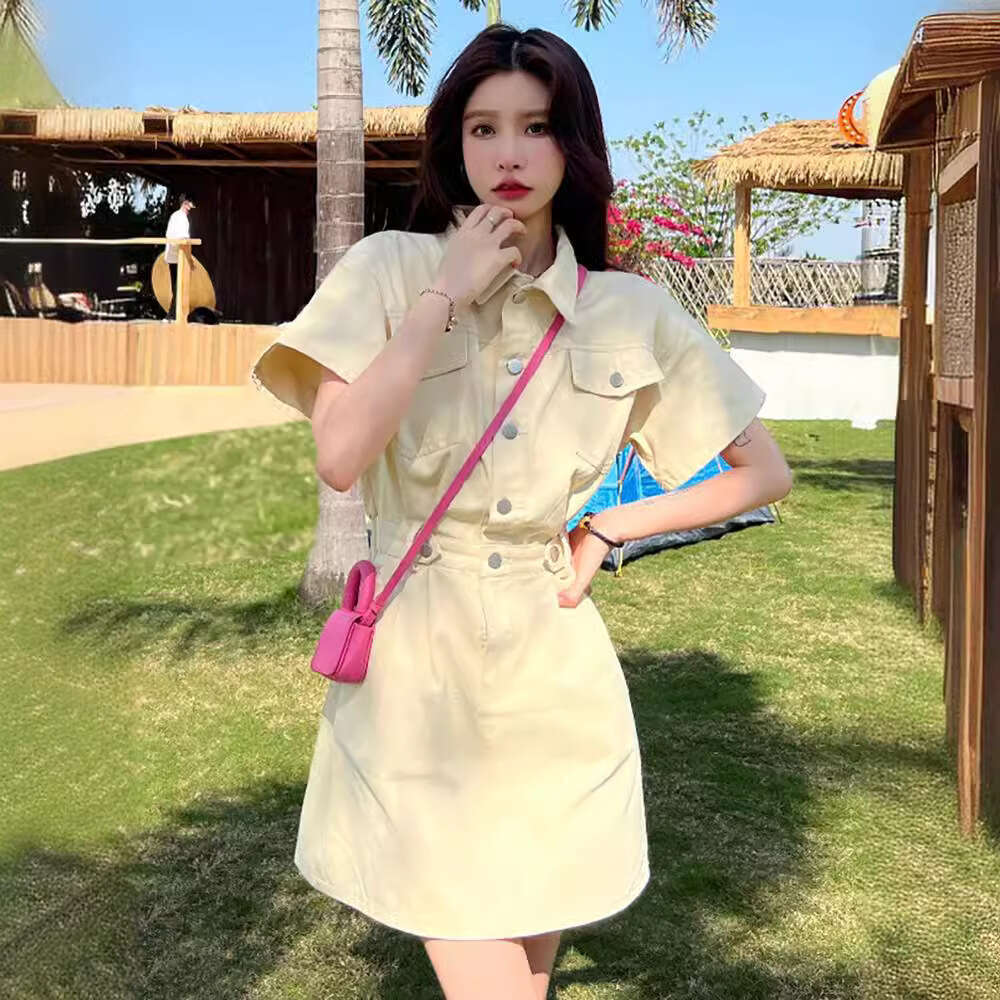 Elegant High-End For Women Summer New Niche Design Hong Kong Style Waist-Cinching A-Line Short Dress B5