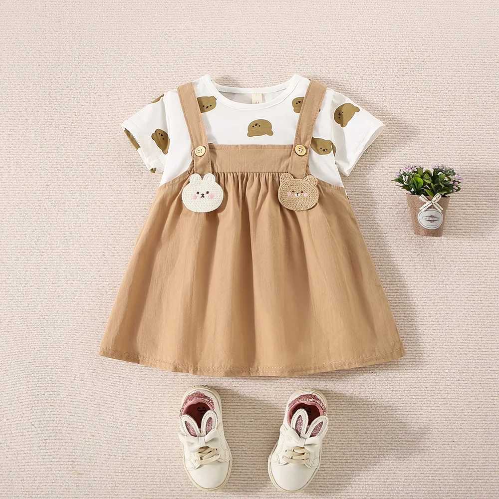 Summer Baby Girl Cotton Teddy Bear Printed Short Sleeve Dress For Girls Fake Two-Piece Strap Dress Cute Dress R250707