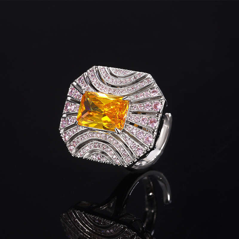 Fashion Luxury Rose Royal Blue Open Ring Red Corundum Pink Zircon Rectangular Women's 400
