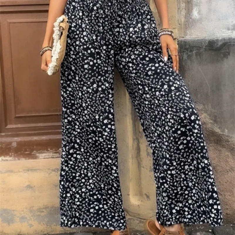 Plus Size 1XL5XL Women Fashion Floral Print Wide Leg Pants Female Casual Elegant Drawstring High Waisted Loose Long y250628