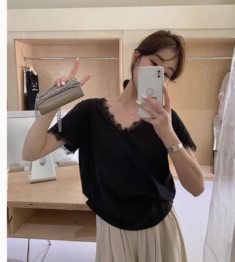 Sweet Style Lace Trim V-Neck Short Sleeve T-Shirt For Women Summer New High-End Loose Versatile Solid Color Top B5