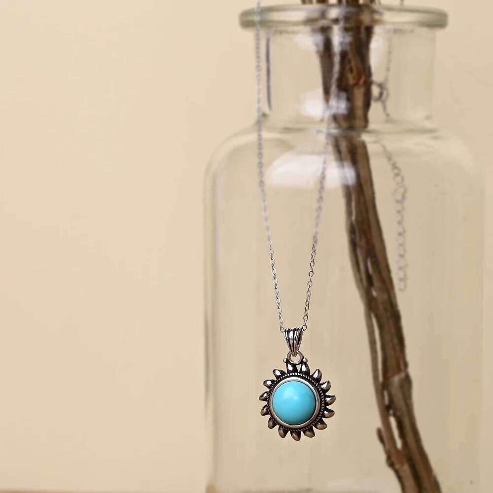 Round Natural Turquoise Sterling Sier Handmade Jewelry Necklace Engagement Party Anniversary Gift