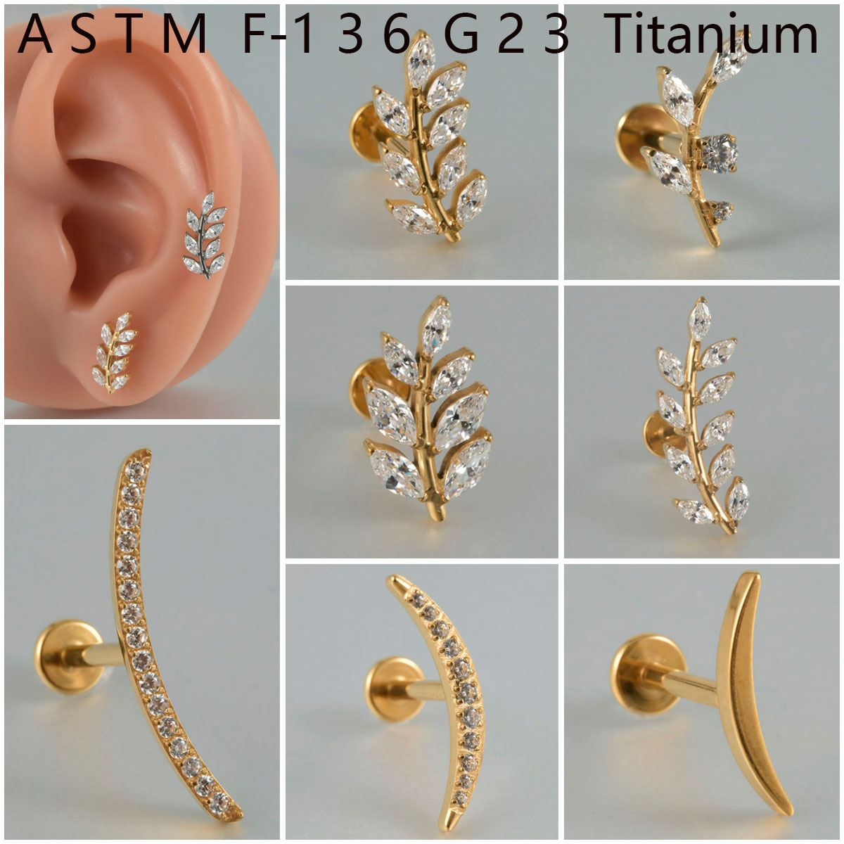 1Pc G23 Foglie Di Titanio Luna CZ Labret Labbro Stud Cartilagine Tragus ErizzÃ²…