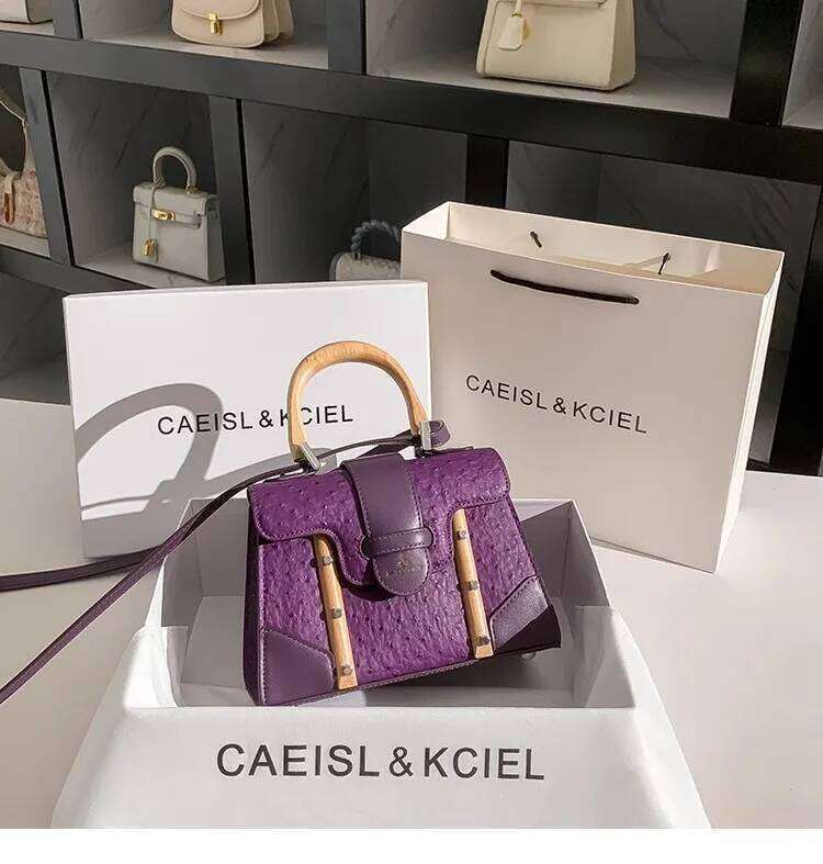 Fashion Purple Dots Wooden Handheld Square Textured Women Handbag High Quality Clutch Purse Messenger Bag