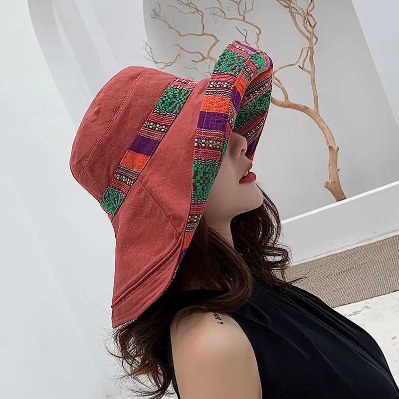 Hat Womens Summer Big Edge Double-Sided Sunshade Bucket Hat Korean Version Versatile Ethnic Style Travel Sun Protection Cap Y250707