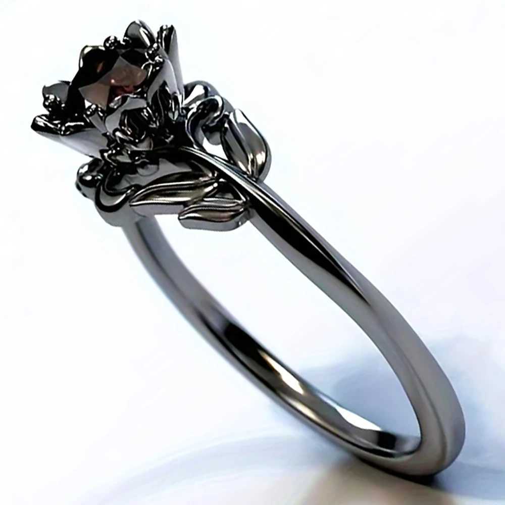Womens Flower Shaped Red Crystal Ring Gun Black Electroplated Handmade Classic Jewelry Inlaid Cubic Zirconia Party Gift for Her XJ250707