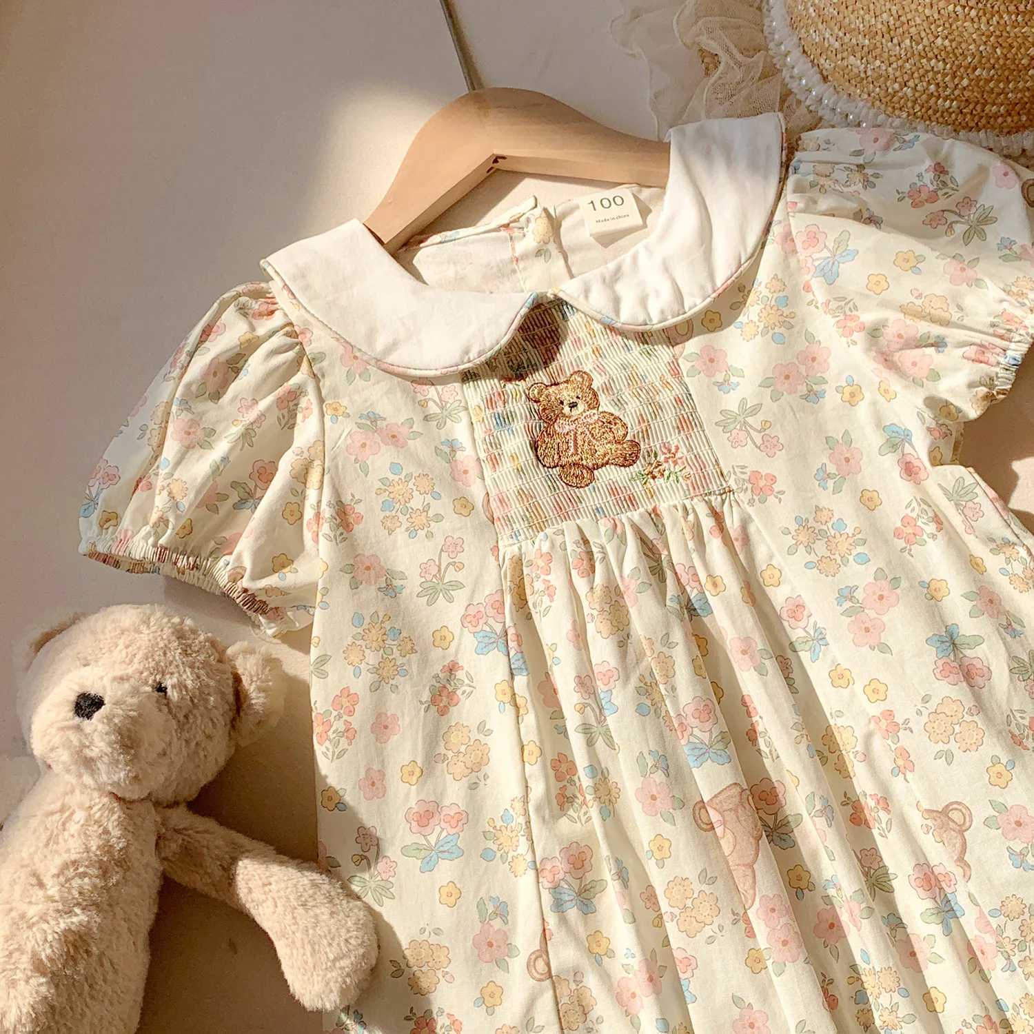 Little Bear Embroidered Short Sleeve Girls Dress 2025 Summer New Style Doll Collar Western Printed Children Dress R250707