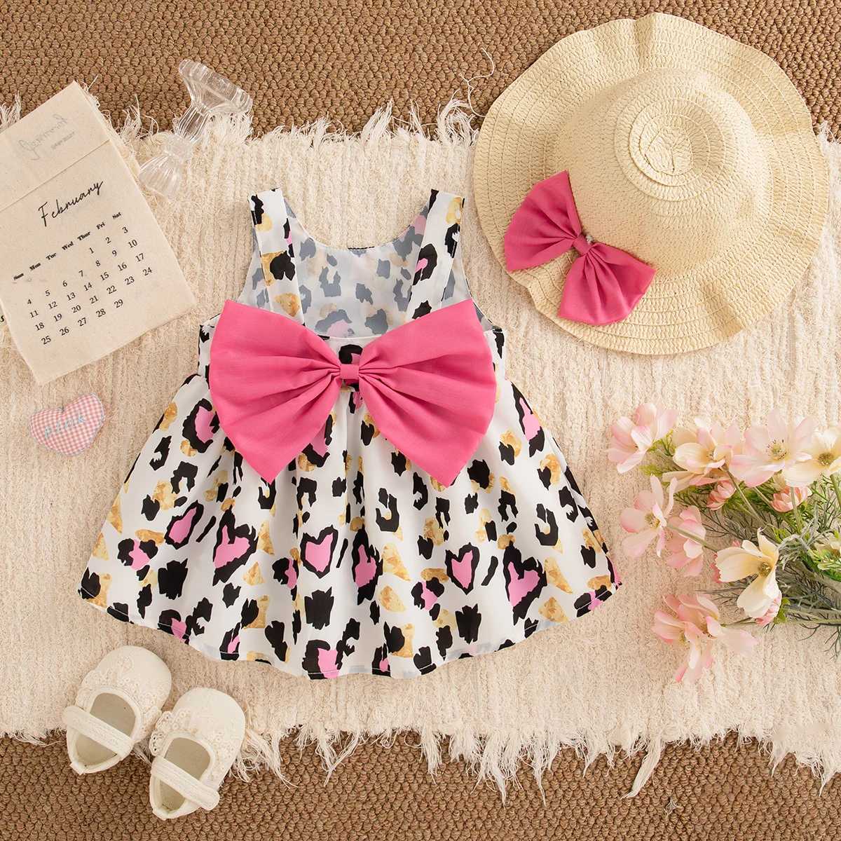 Baby Clothes Girl Summer Bow And Heart Leopard Pattern Halter Dress Cute Casual Beach Girl Kids Dress With Hat R250707