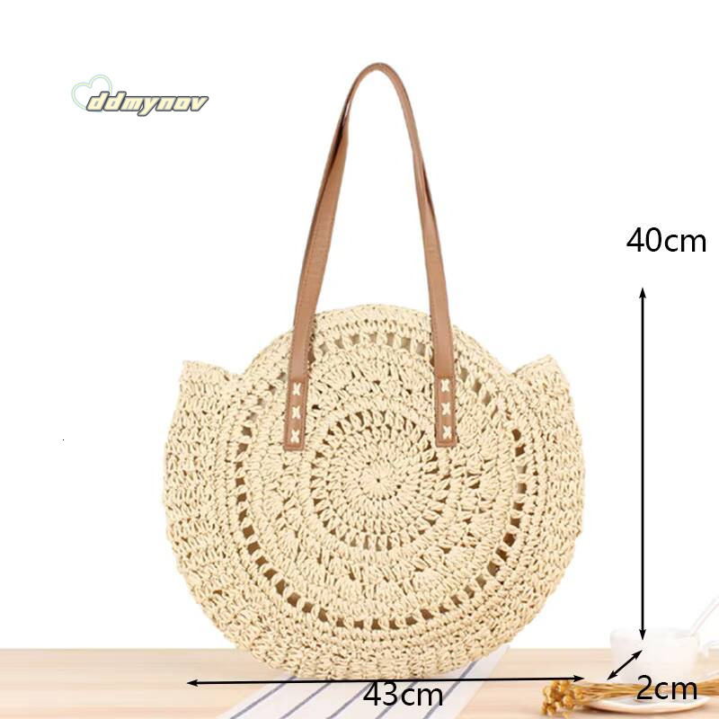 Round Straw Beach Vintage Handmade Woven Shoulder Bag Raffia circle Rattan bags Bohemian Summer Vacation Casual Bags ddmynov