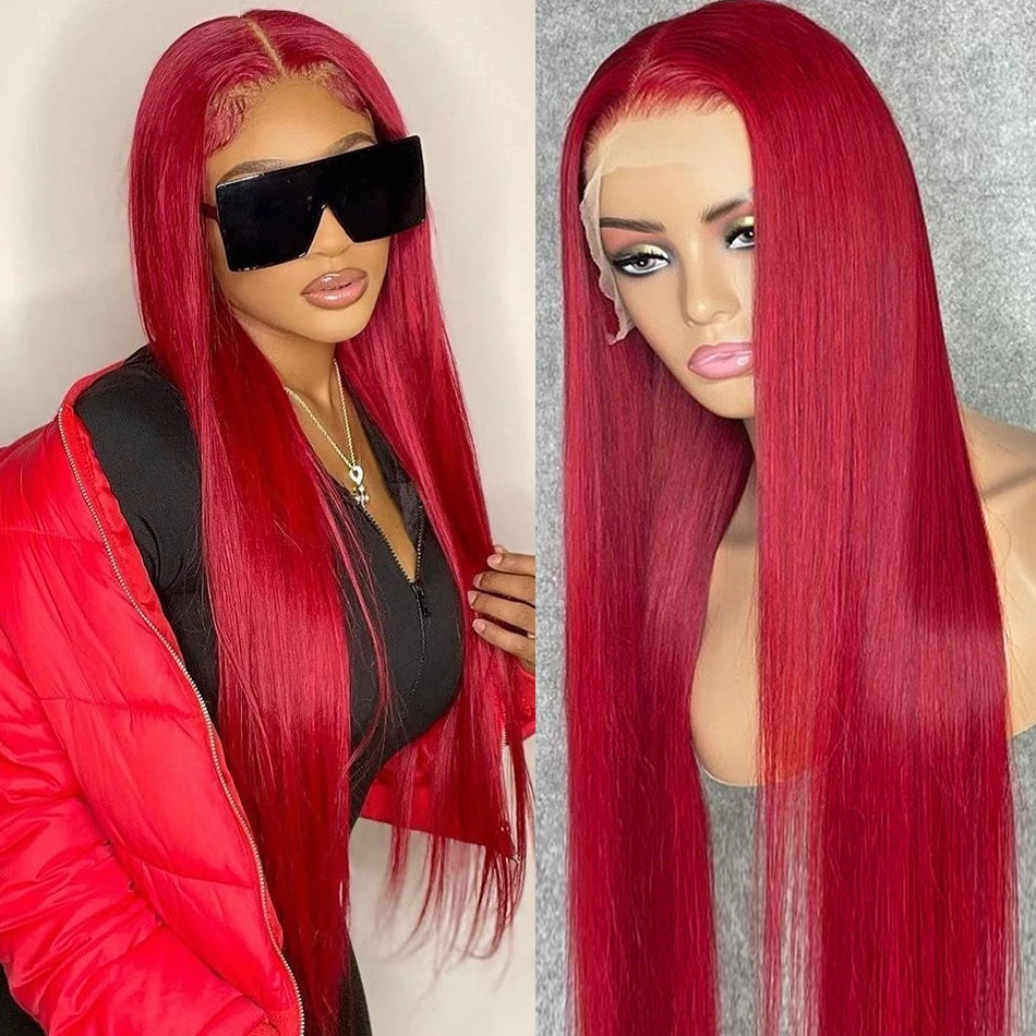 Brazilian Red Wig Bone Straight Color Simulation Really Human Hair Wig 200 Density 13x4 Lace Closure Wig HD Transparent Hair Synthetic Lace Front Wigs
