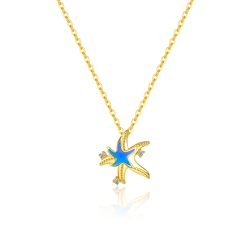 Exquisite Gold - Plated Starfish Necklace, Vivid Blue Enamel & Dazzling CZ Pendant, Skin - Friendly Beachcore Jewelry for Women