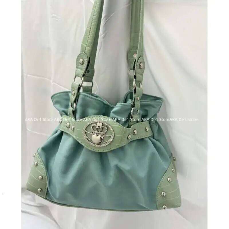 Belt Design Streetwear Green Zipper Y2k Girl Shoulder Pleated Fashion Underarm Bags Rivet Gothic Women's Handbags