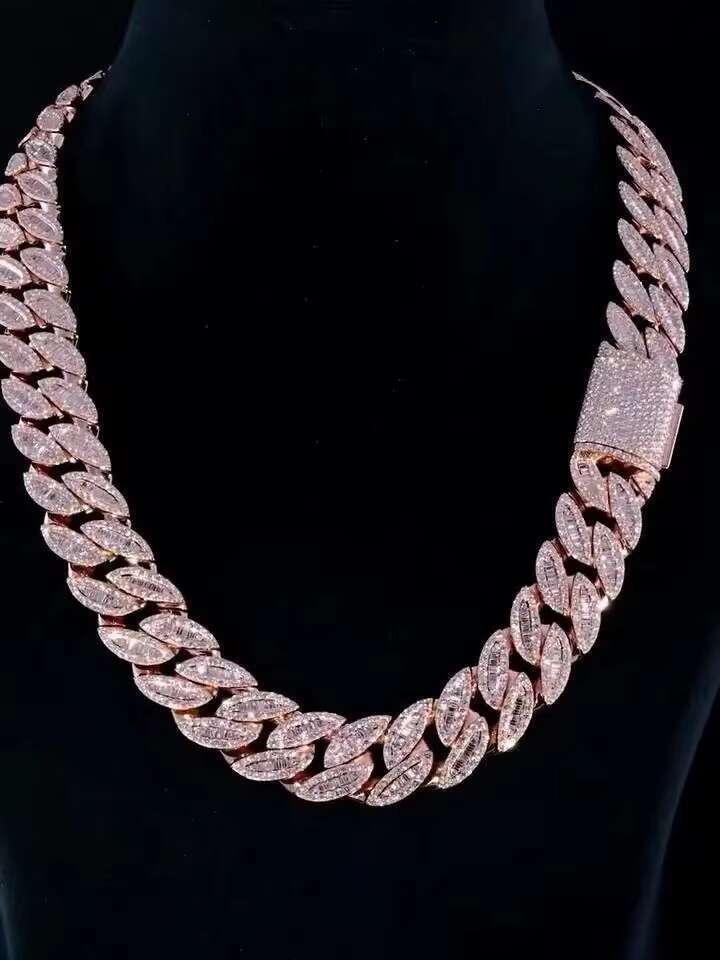 18mm Moissanite VVS Cuban Link Chain Iced Out Necklace With Baguette Round Cut VVS Moissanite Passes Diamond Tester