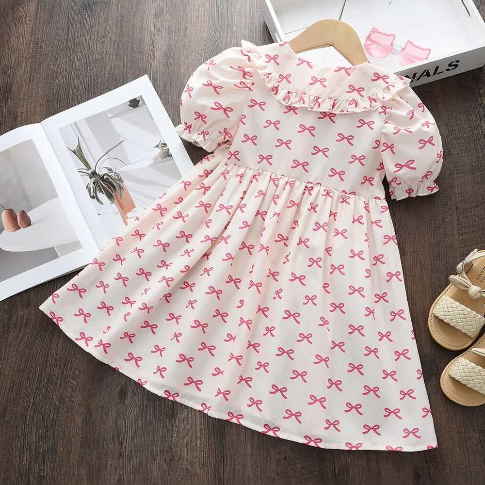 Korean Version Summer New Fashion 3-7 Years Girls Sweet Puff Sleeve Princess Dress 1 Pc Kids Bow Print Casual Clothes R250707
