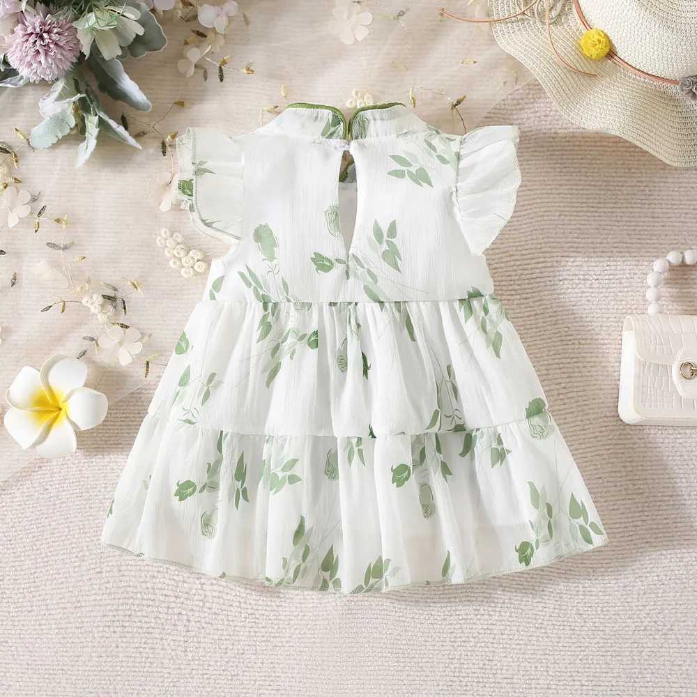 Summer New Girl Baby Dress Hand-painted Green Light and Thin Mesh Flower Small Flying Sleeves Chinese Sweet Princess Dress R250707