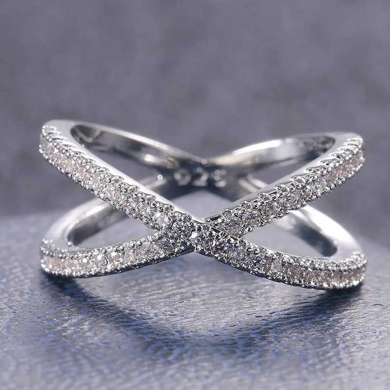 925 Sterling Silver Luxury Cross X Shape Women Engagement Ring Full Paved CZ Stone Elegant Simple Female Jewelry XJ250707
