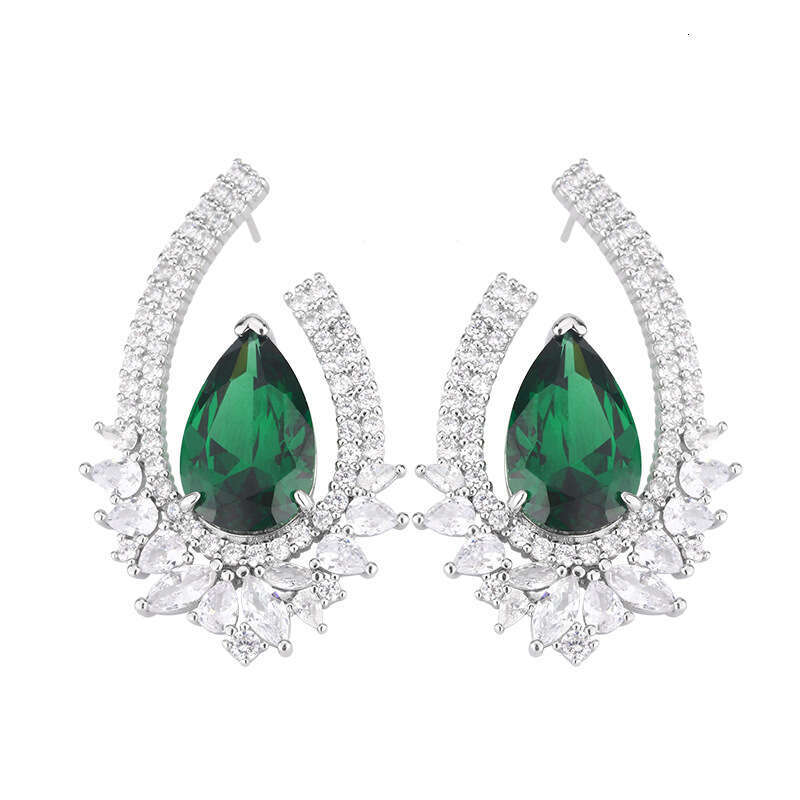 New Jewelry Set Sterling Sier Needle With Zircon Crystal Emerald Ring Earrings For Women 18B