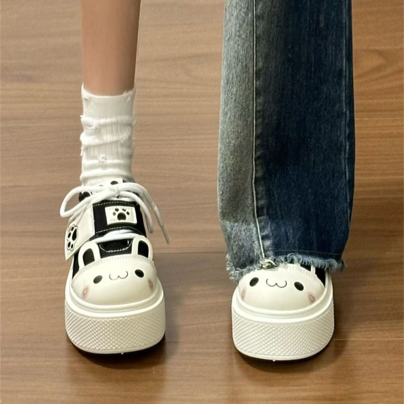 Black Cute Bunny Girl Style Designer Skateboard for Women, Thick Sole Comfortable Height Increasing Shoes, Non-Slip Wear-Resistant Casual Shoes
