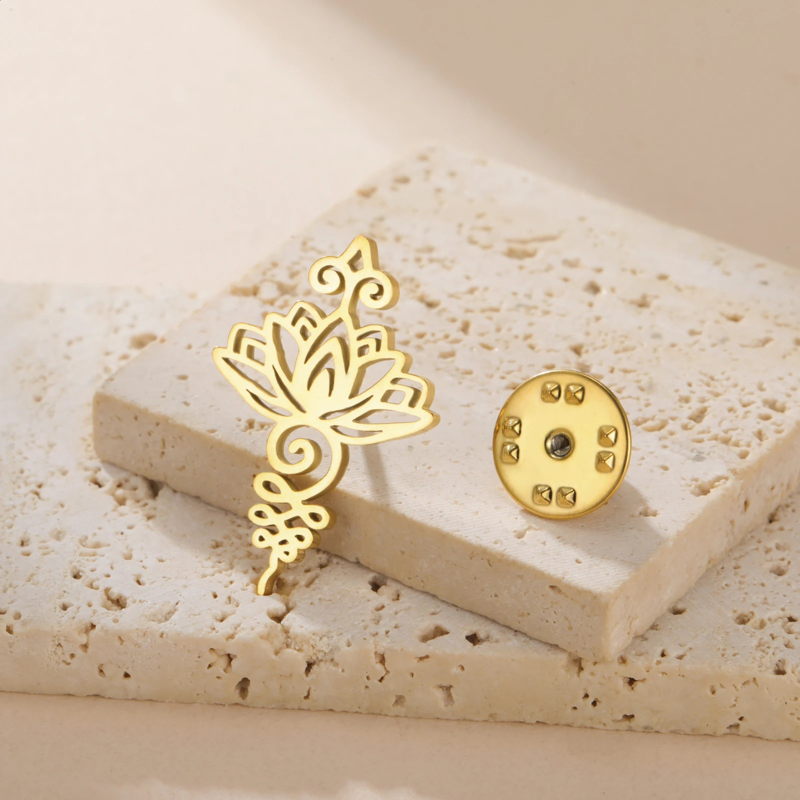 Teamer Unalome Lotus Brooch For Women Girls Stainless Steel Gold Color Badge Lapel Pin Yoga Buddhism Spiritual Accessories Gift 250625