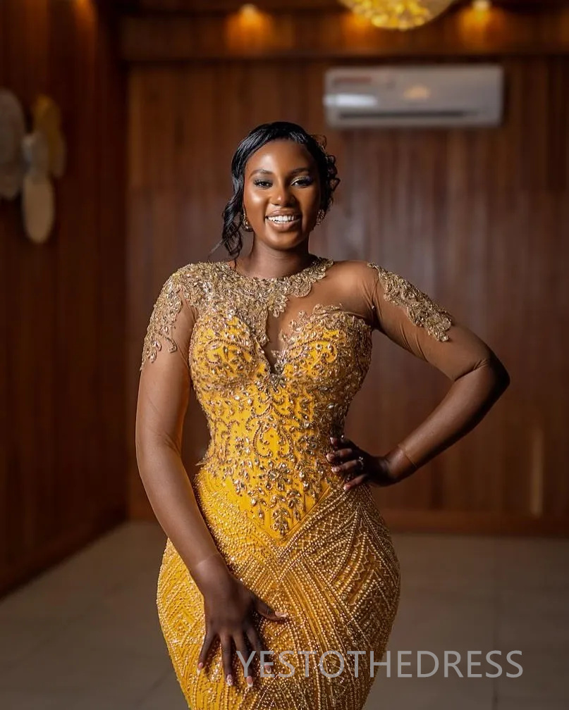 2025 Plus Size Gold Aso Ebi Prom Dress African Mermaid Prom Dresses Evening Formal Gowns Long Sleeves Beaded Lace Crystal Birthday Dress Second Recept