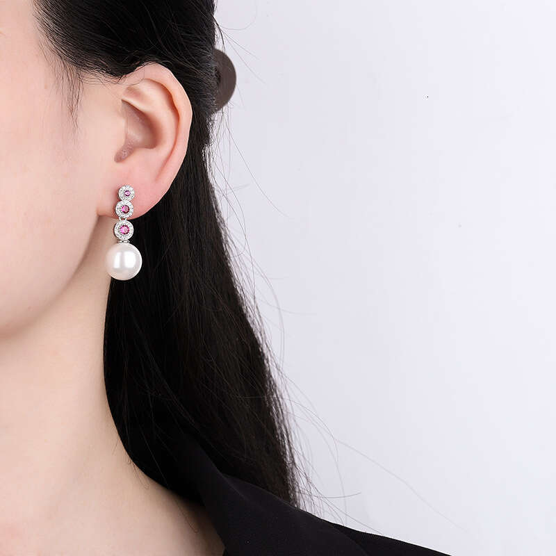 2023 New Imitation Natural Pearl Micro Inlaid Colorful Zircon White Shell Drop Red Corundum Mother-Of-Pearl Earrings D51