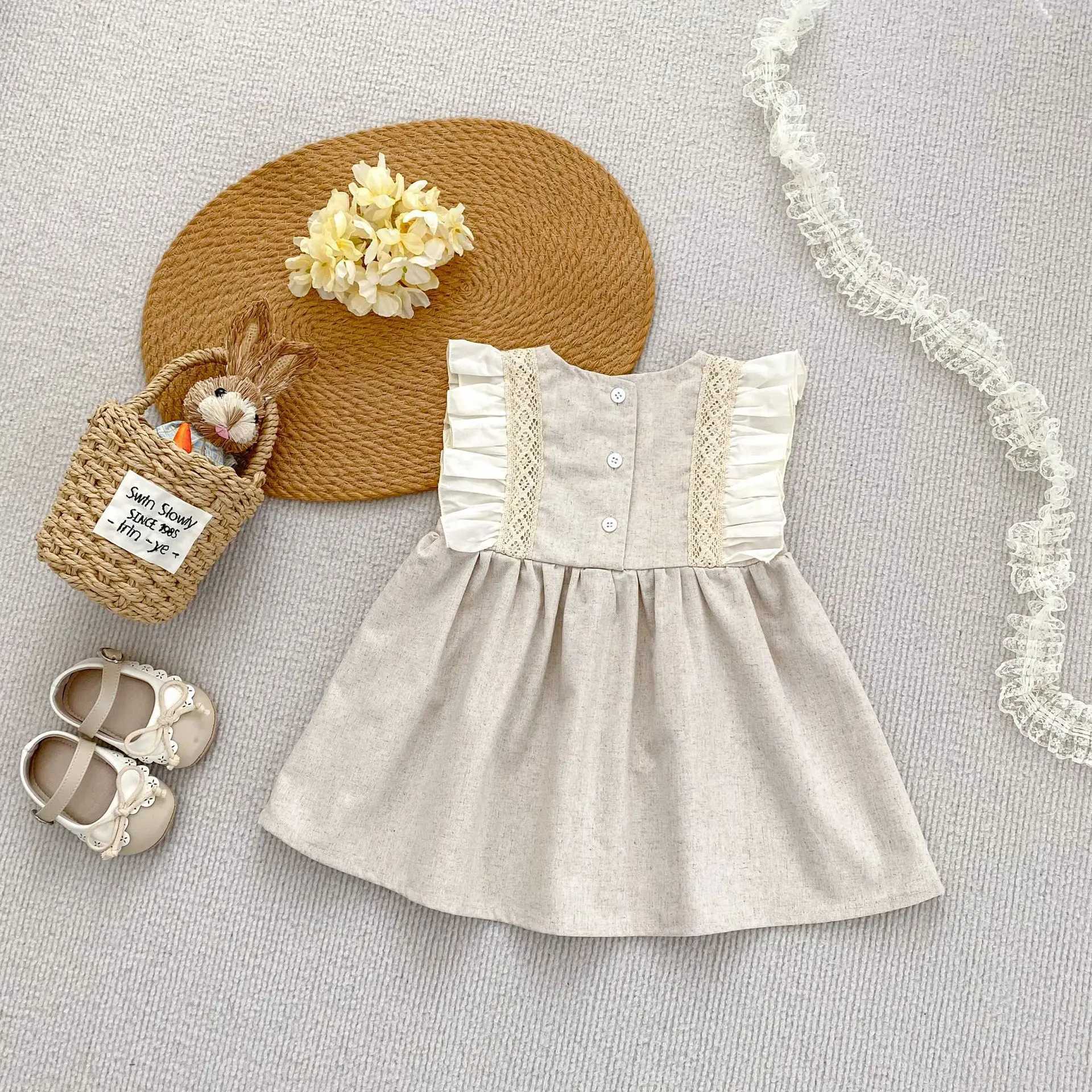 0-3 years old baby clothing baby girl contrasting color flying sleeve dress sweet princess dress R250707