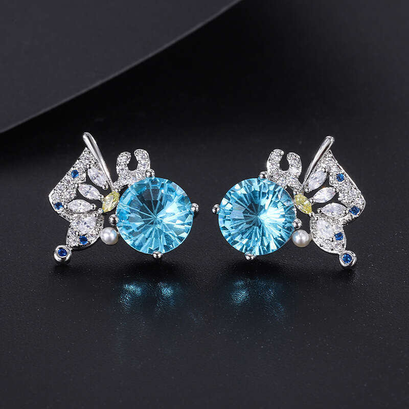 Tiktok Live Micro Pave Dia Fireworks Chrysanthemum Blue Ring 2022 New Women's Earrings Pendant Set 8E2