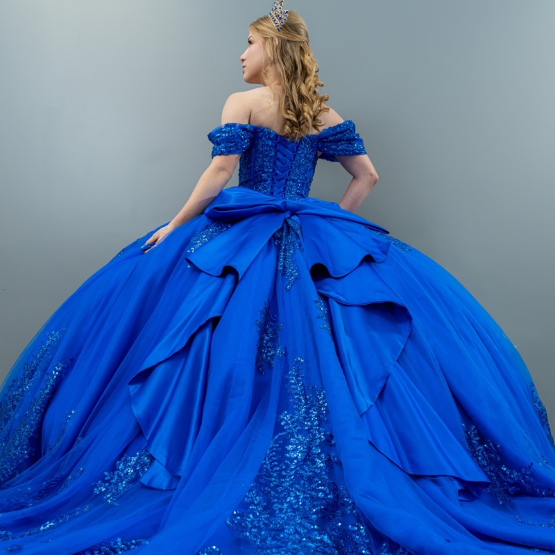 Royal Shiny Quinceanera Dresses Ball Gown Off The Shoulder Sequin Applique Beading Crystal Bow Tull Corset Party Birthday Sweet 16 Dress Vestidos De 1