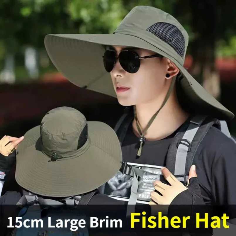 15cm Large Cap Polyester Sun Hat UV Protection Breathable Mesh Cap Foldable Fisherman Hat Outdoor Fishing Hiking Beach Caps Y250707
