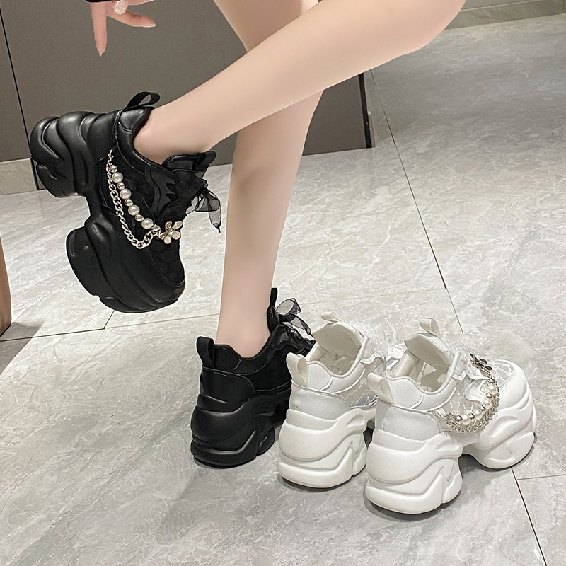 Women's Summer Platform Sneakers Breathable Mesh Lace Casual Shoes Comfortable Luxury Pearl Embellished Non Slip Running Shoes Woman Thick Bottom