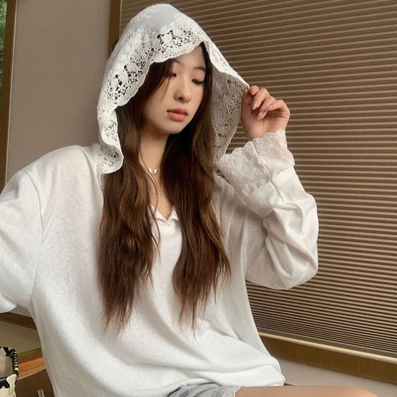 Summer New Crochet Lace Patchwork Hooded T-Shirt For Women, Casual Slimming High-End Thin Sunscreen Top B5