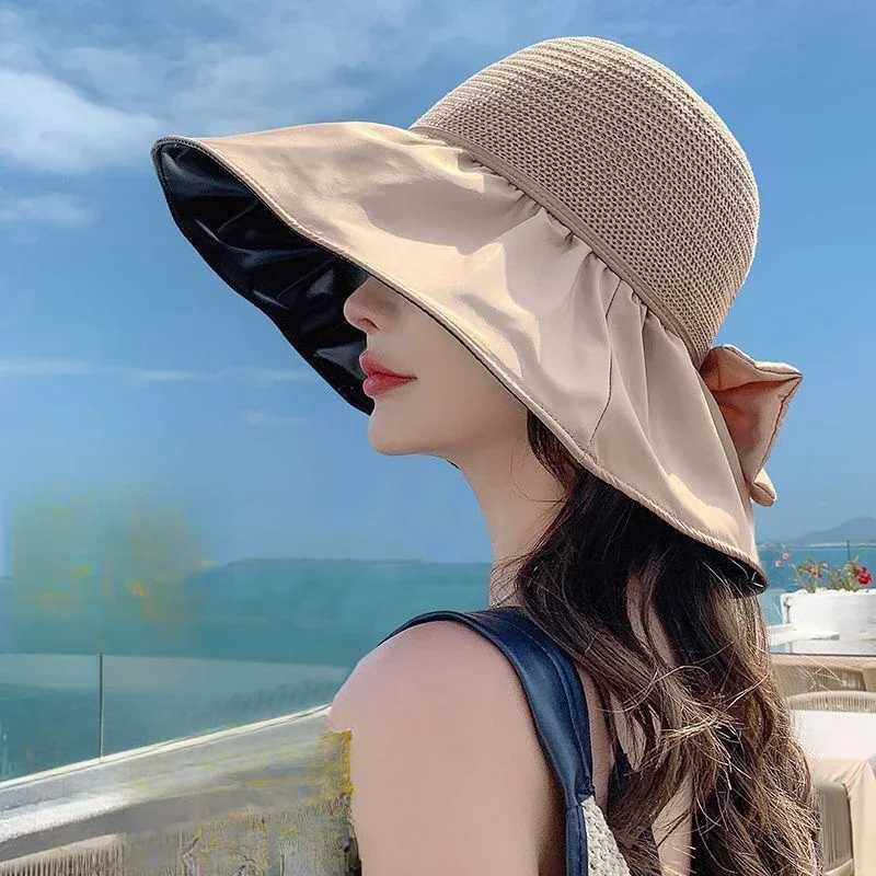 2025 Sunscreen Hat Womens UV Resistant Sun Hat Foldable Black Rubber Fisherman Hat Face Covering Seaside Big Brim Y250707