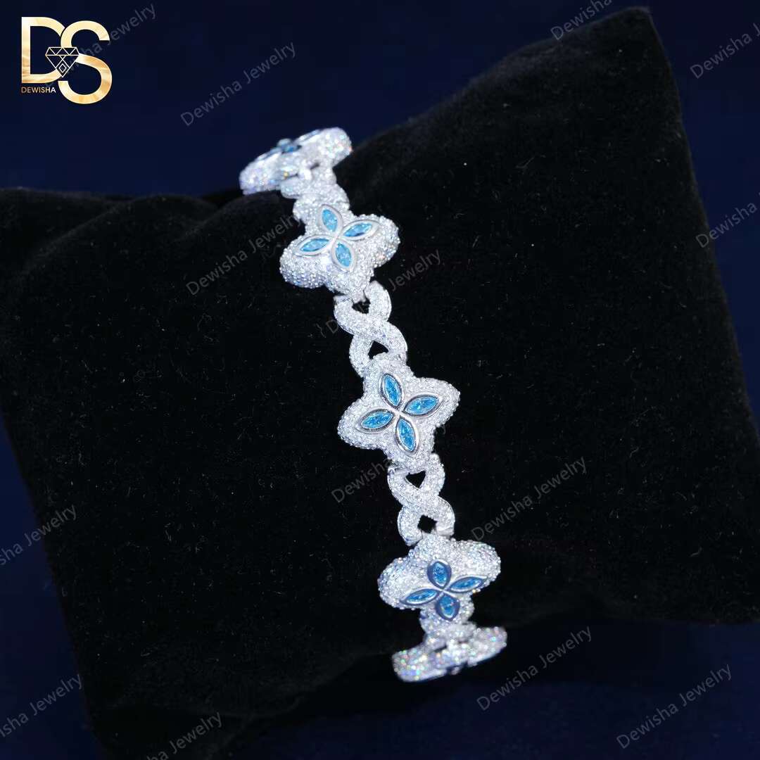 Hip Hop Jewelry 15mm Marquise Flower Design Iced Out Unisex Moissanite Cuban Link Chain 925 Silver Moissanite Bracelet