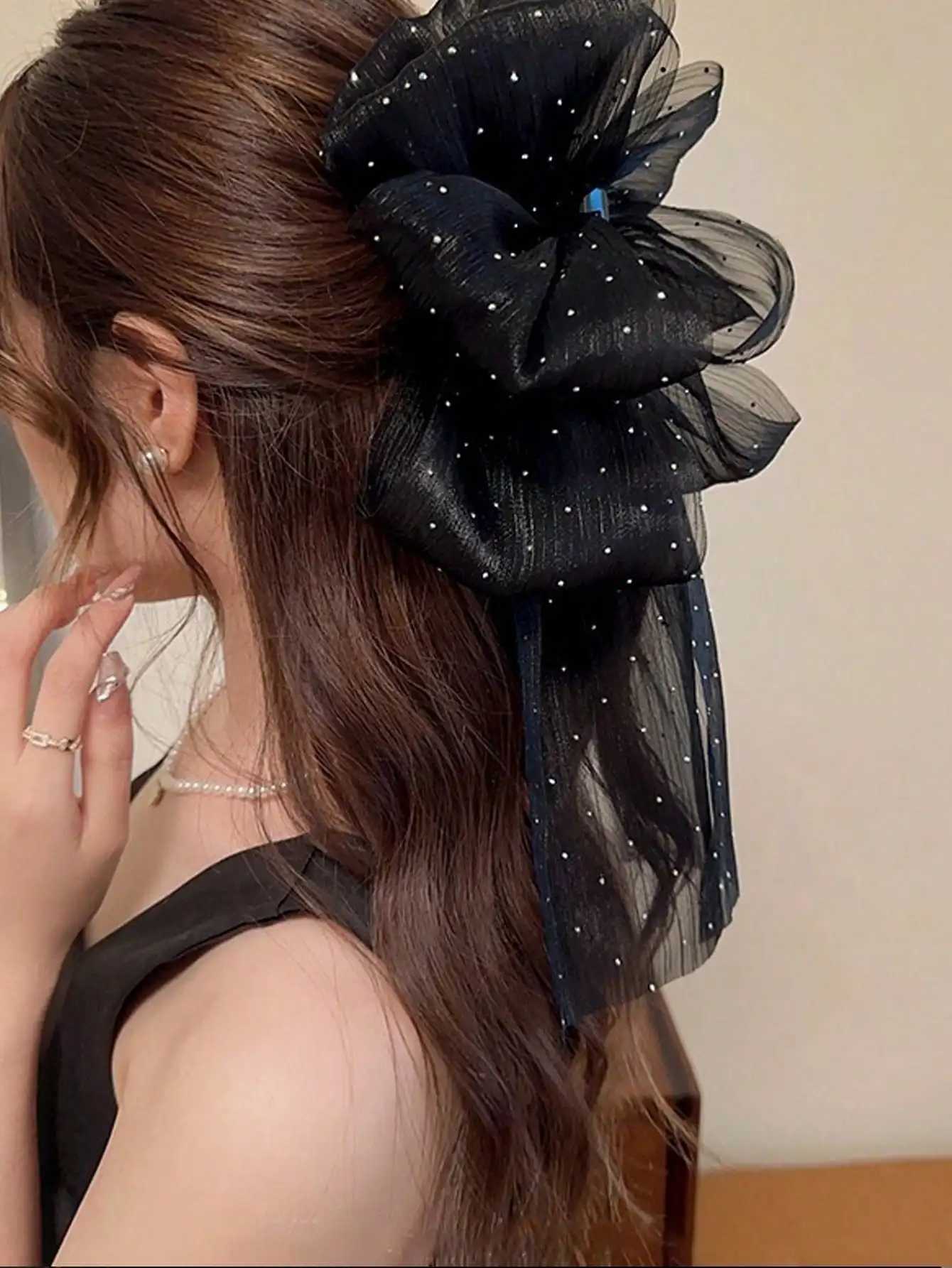 1 Pcs Fashion Solid Black Dot Long Ribbon Bow Hair Claws For Women Girls Party Hair Accessories Z250707