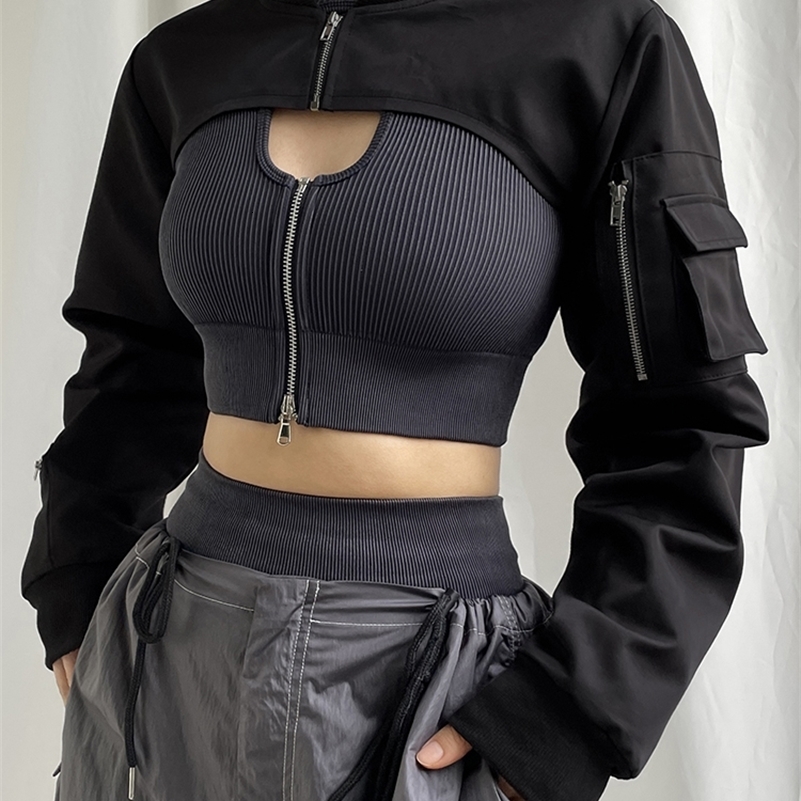Zip Up Stand Collar Long Sleeve Black Cropped Jackets Women Pocket Safari Style Streetwear 250703