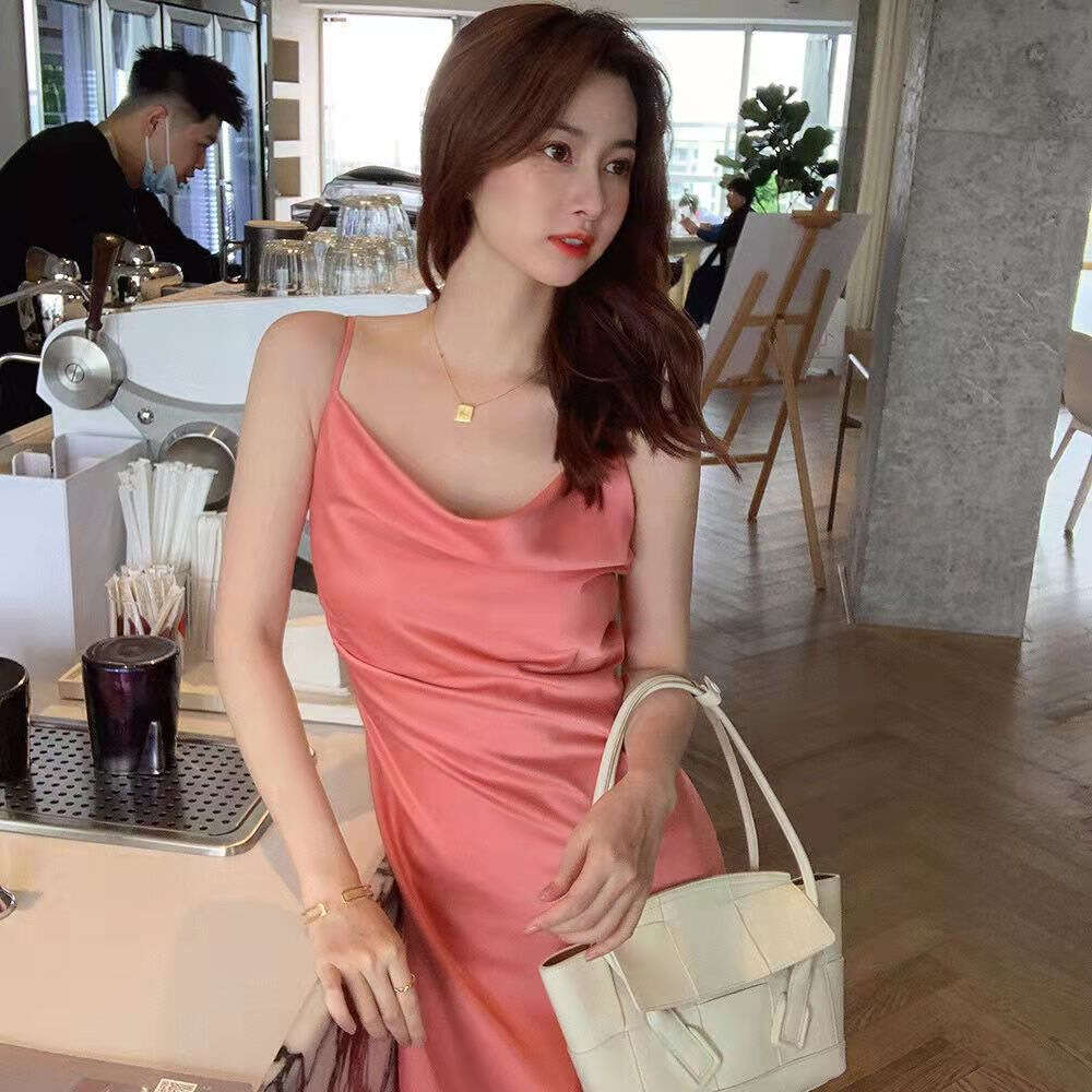 Summer Champagne Color Acetate Satin High-End Versatile Slimming Scoop Neck Gentle Style Strap Long Dress B5
