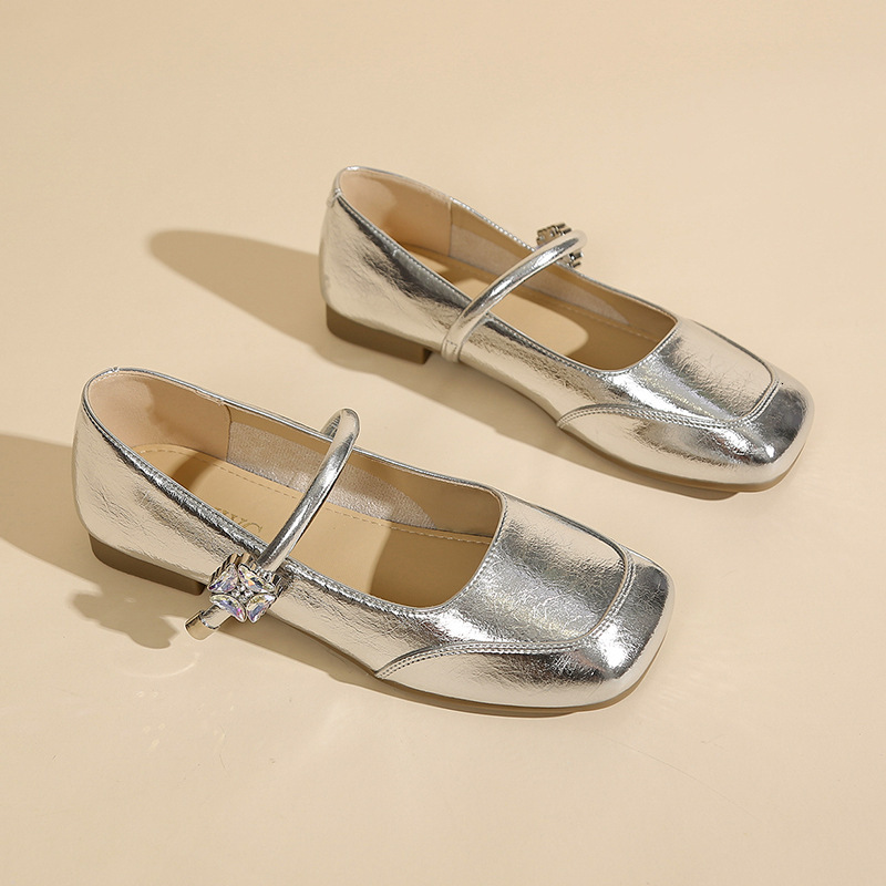 Silver Mary Jane for Women, Square Toe, French Single Strap, Chunky Heel, Elegant and Designer Gentle, Shallow Mouth, 2025 New Style, Flat Shoes