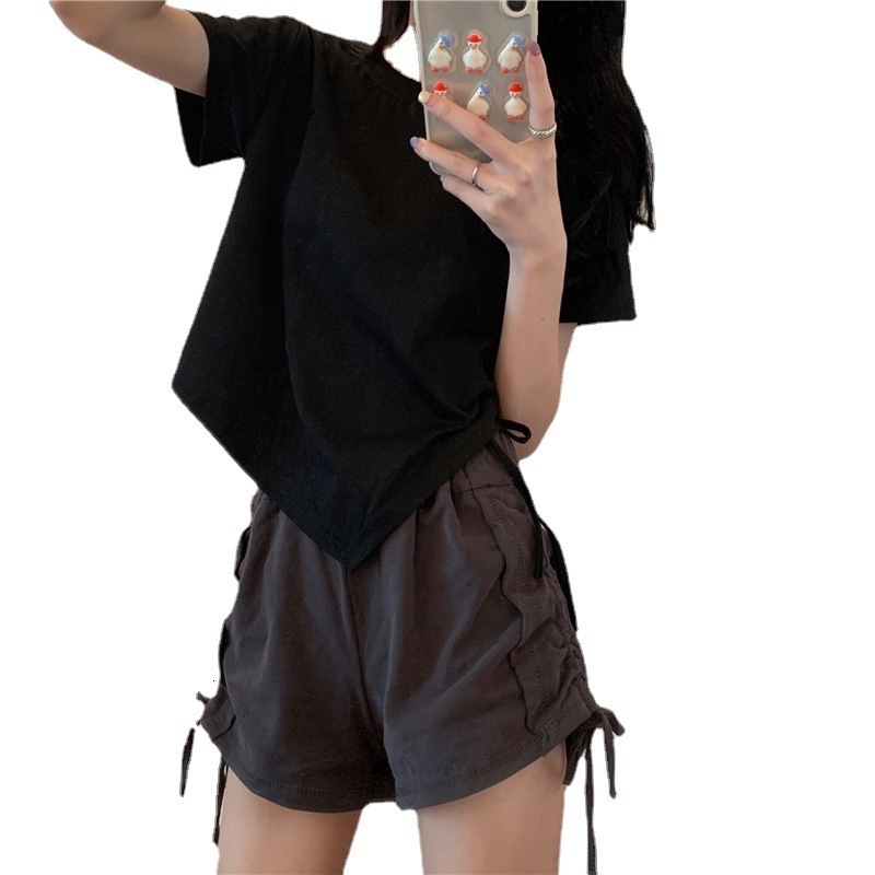 2025 Summer new women's T-shirt irregular drawstring short sleeved women's T-shirt summer Korean style spicy girl top new designer T-shirt