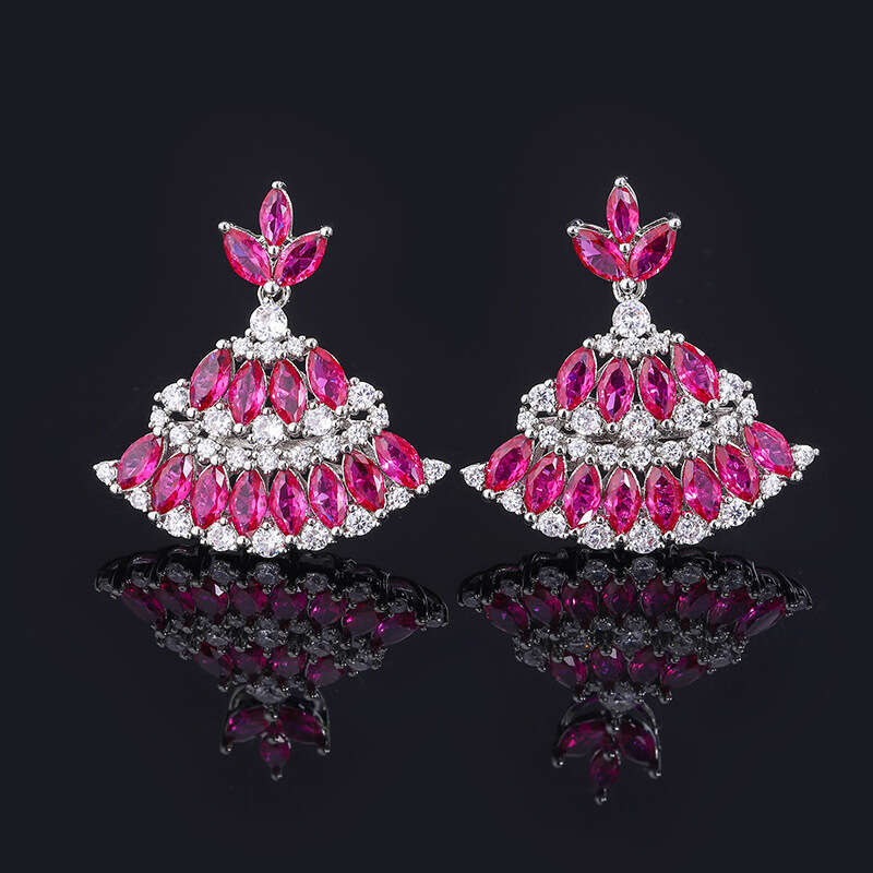Zircon Luxurious Red Tourmaline Drop Fan-Shaped Skirt Royal Blue Earrings 095