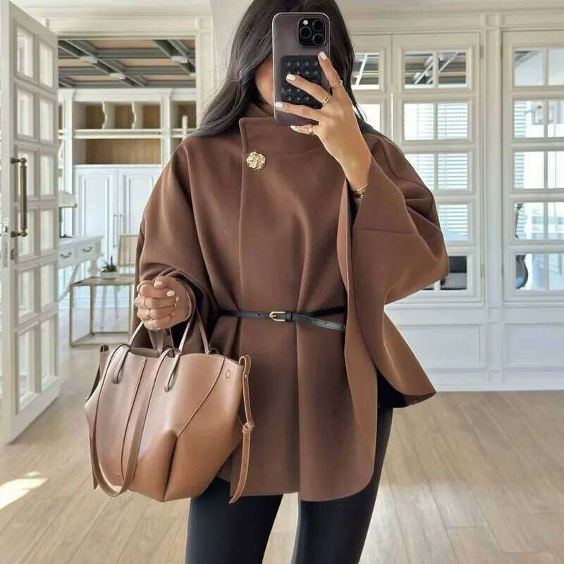 TRAF Womens Coat Short Cape For Women Belt Faux Wool & Blends Autumn Winter Solid Coats Elegant Cloak Jacket Ladies
