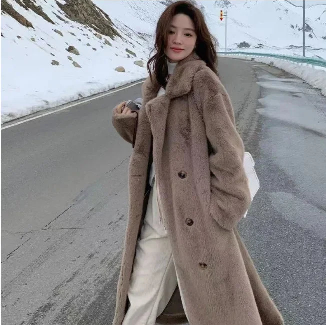 Women Thick Maxi Jacket Y2k Autumn Winter Faux Fur Maxi Coat Long Warm Belt Fur Black Parkas Bontjas Furry Outerwear 250703