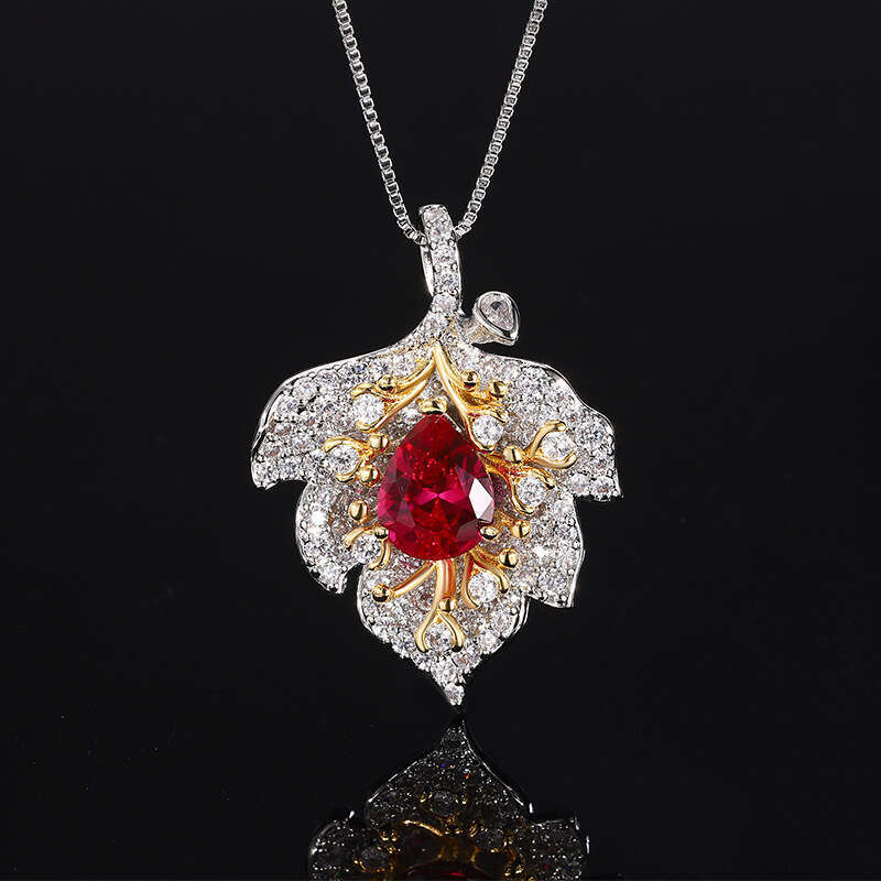 Exaggerated Colorful Gem Imitation Natural Pigeon Blood Red Royal Blue Pink Yellow Zircon Pendant Teardrop Necklace For Women E11